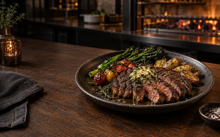 Open-fire ribeye with seasonal vegetables