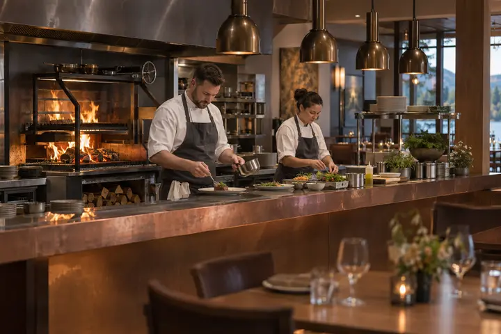 Chefs working in an open-fire kitchen