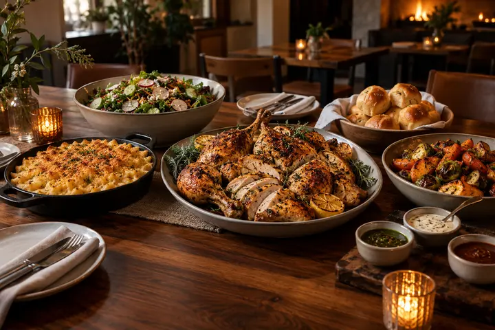 Family dinner with roasted chicken and sides