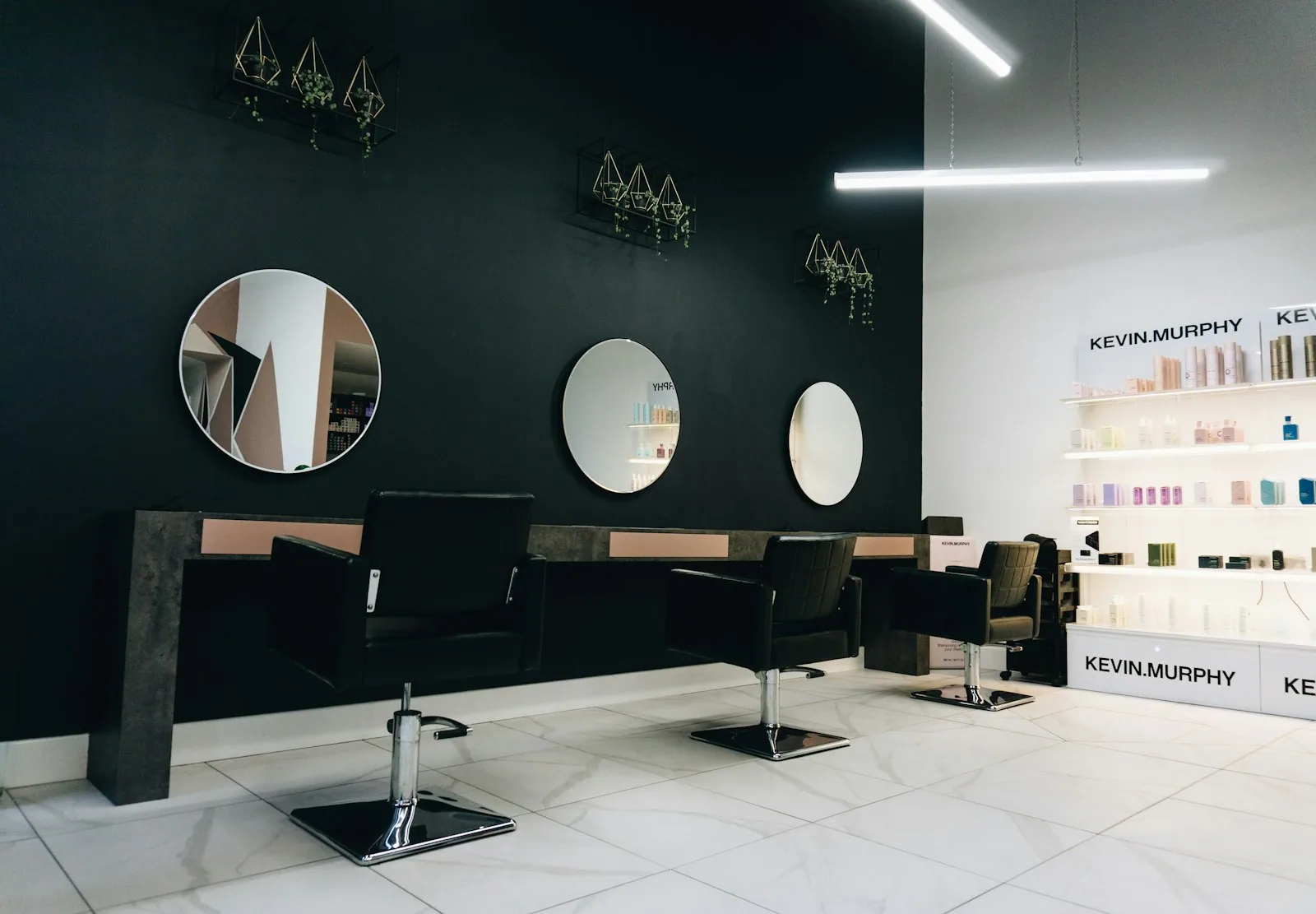Modern salon interior with round mirrors